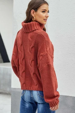 Fashion Dear-Lover Cuddle Weather Cable Knit Handmade Turtleneck Sweater Fiery Red
