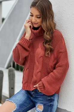 Fashion Dear-Lover Cuddle Weather Cable Knit Handmade Turtleneck Sweater Fiery Red