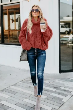 Fashion Dear-Lover Cuddle Weather Cable Knit Handmade Turtleneck Sweater Fiery Red