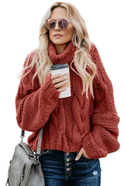 Fashion Dear-Lover Cuddle Weather Cable Knit Handmade Turtleneck Sweater Fiery Red