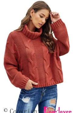 Fashion Dear-Lover Cuddle Weather Cable Knit Handmade Turtleneck Sweater Fiery Red