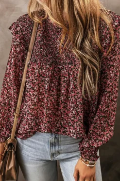 Online Dear-Lover Ditsy Floral Smocked Ruffle Long Sleeve Blouse Fiery Red