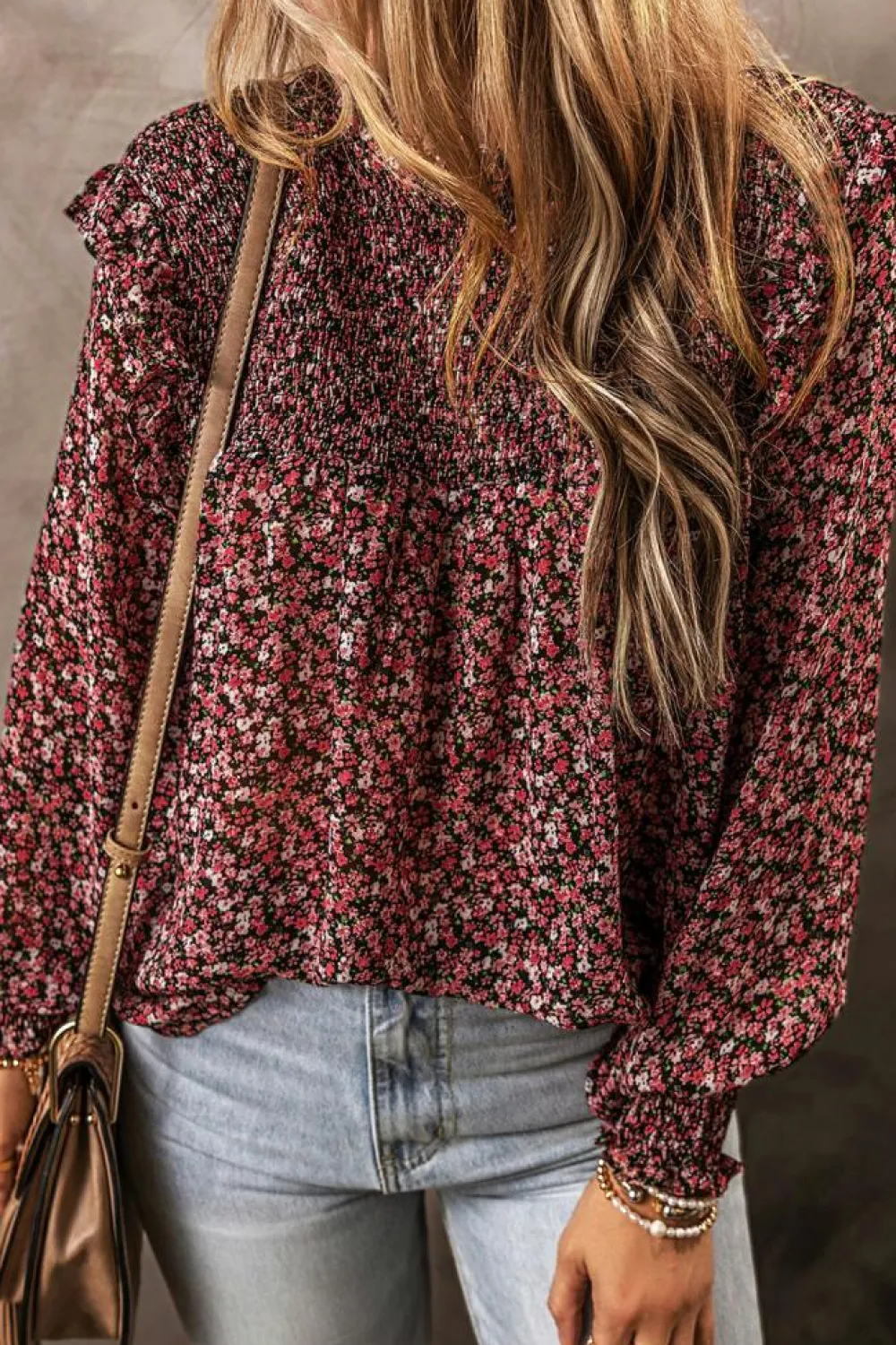 Online Dear-Lover Ditsy Floral Smocked Ruffle Long Sleeve Blouse Fiery Red