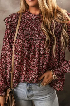 Online Dear-Lover Ditsy Floral Smocked Ruffle Long Sleeve Blouse Fiery Red