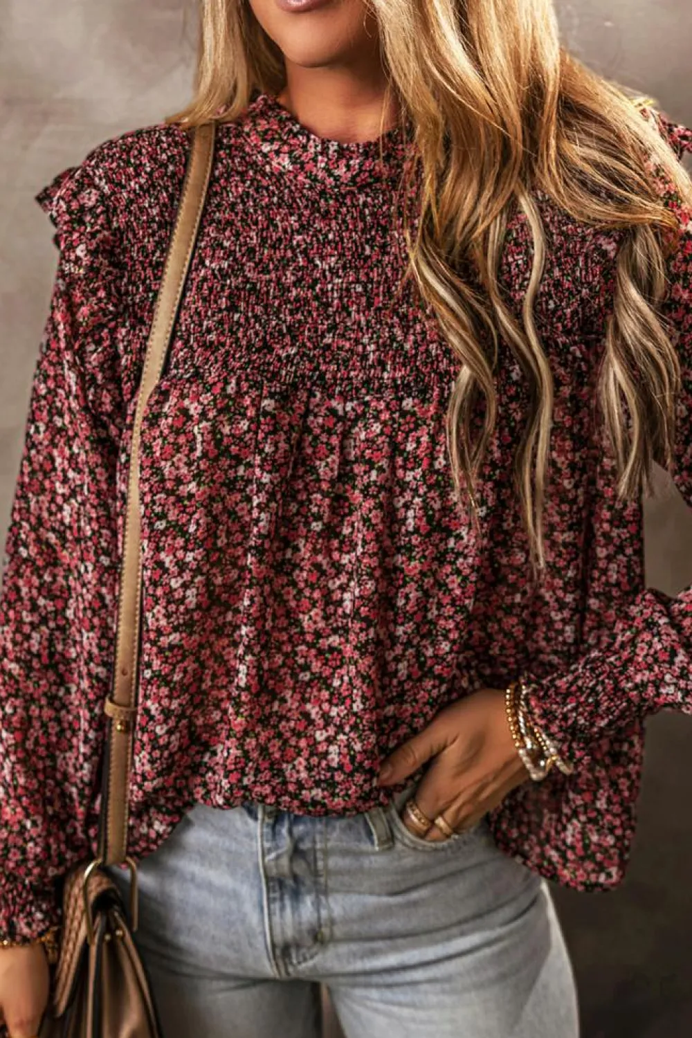 Online Dear-Lover Ditsy Floral Smocked Ruffle Long Sleeve Blouse Fiery Red