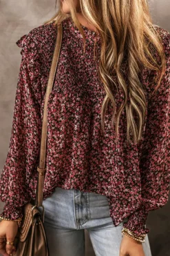 Online Dear-Lover Ditsy Floral Smocked Ruffle Long Sleeve Blouse Fiery Red