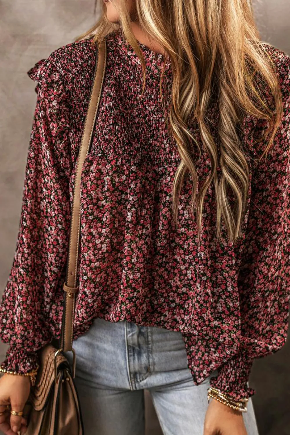 Online Dear-Lover Ditsy Floral Smocked Ruffle Long Sleeve Blouse Fiery Red