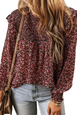 Online Dear-Lover Ditsy Floral Smocked Ruffle Long Sleeve Blouse Fiery Red