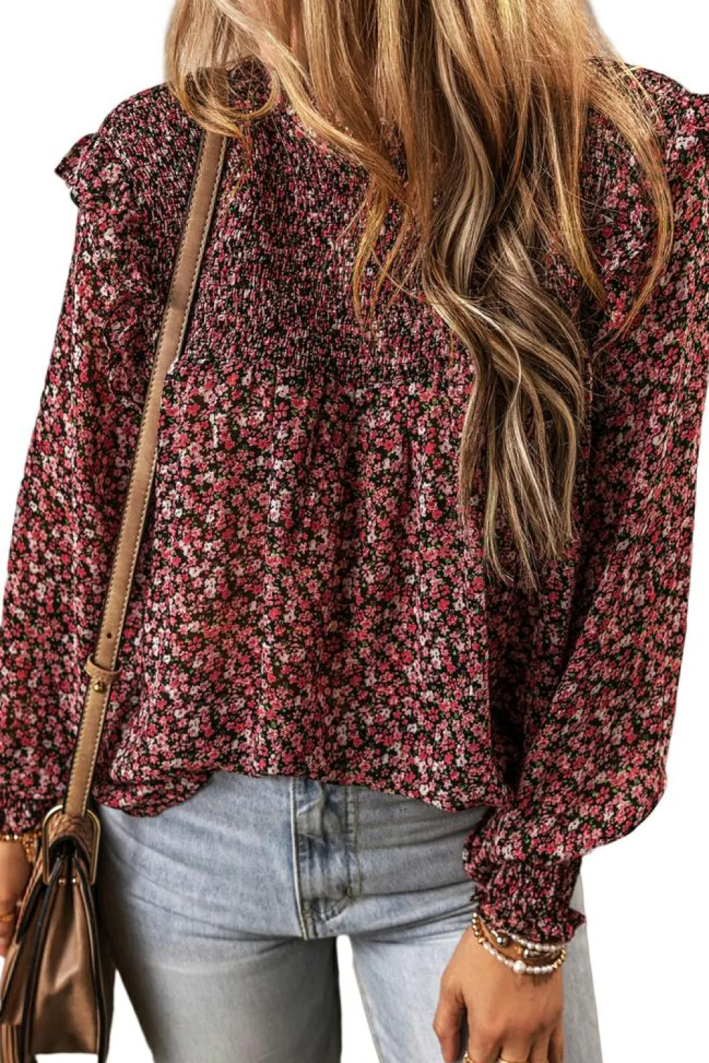 Online Dear-Lover Ditsy Floral Smocked Ruffle Long Sleeve Blouse Fiery Red