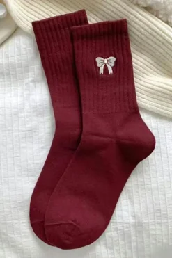 Fashion Dear-Lover Embroidered Bowknot Ribbed Crew Socks Fiery Red