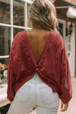 Fashion Dear-Lover Exposed Seam Twist Open Back Oversized Sweatshirt Fiery Red