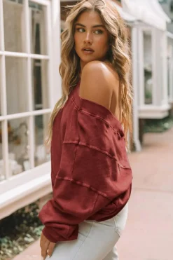 Fashion Dear-Lover Exposed Seam Twist Open Back Oversized Sweatshirt Fiery Red