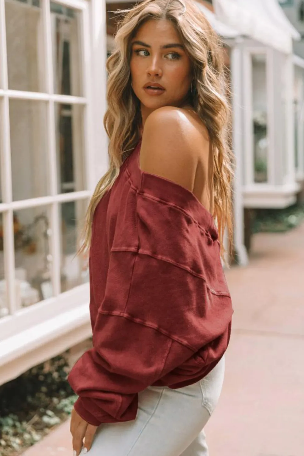 Fashion Dear-Lover Exposed Seam Twist Open Back Oversized Sweatshirt Fiery Red