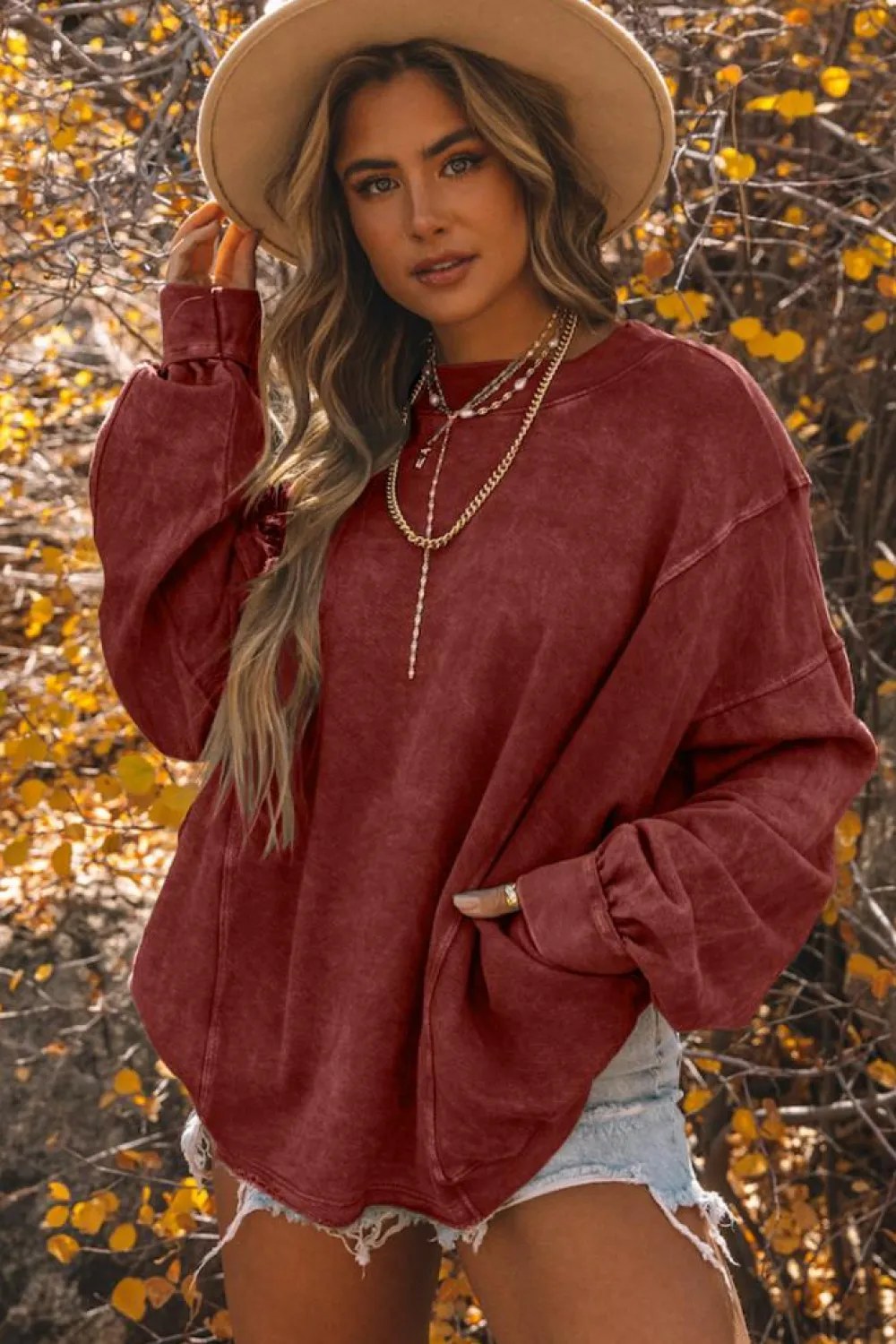 Fashion Dear-Lover Exposed Seam Twist Open Back Oversized Sweatshirt Fiery Red