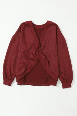Fashion Dear-Lover Exposed Seam Twist Open Back Oversized Sweatshirt Fiery Red