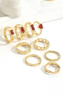 Discount Dear-Lover Faux Gem Inlay Heart Shape Alloy Ring Set Fiery Red