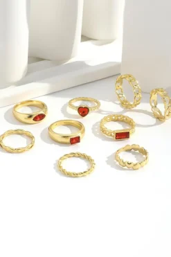 Discount Dear-Lover Faux Gem Inlay Heart Shape Alloy Ring Set Fiery Red