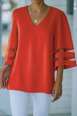 Hot Dear-Lover Flare Sleeve V Neck Loose Blouse Fiery Red