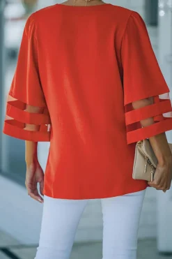 Hot Dear-Lover Flare Sleeve V Neck Loose Blouse Fiery Red