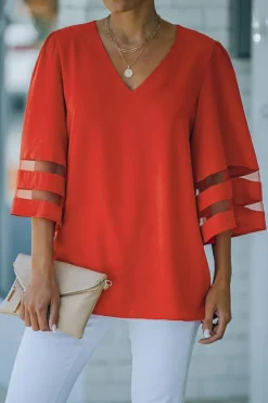 Hot Dear-Lover Flare Sleeve V Neck Loose Blouse Fiery Red