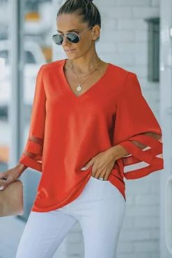 Hot Dear-Lover Flare Sleeve V Neck Loose Blouse Fiery Red