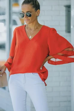 Hot Dear-Lover Flare Sleeve V Neck Loose Blouse Fiery Red
