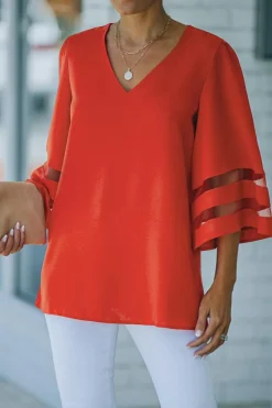 Hot Dear-Lover Flare Sleeve V Neck Loose Blouse Fiery Red