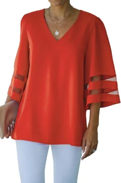 Hot Dear-Lover Flare Sleeve V Neck Loose Blouse Fiery Red