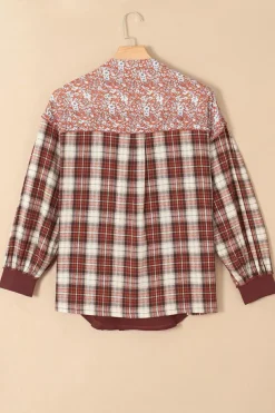 Hot Dear-Lover Floral Plaid Mixed Print Bishop Sleeve Patchwork Top Fiery Red