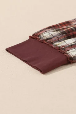 Hot Dear-Lover Floral Plaid Mixed Print Bishop Sleeve Patchwork Top Fiery Red