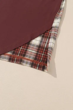 Hot Dear-Lover Floral Plaid Mixed Print Bishop Sleeve Patchwork Top Fiery Red
