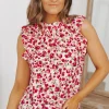 Best Dear-Lover Floral Print Ruffled Mock Neck Sleeveless Top Fiery Red