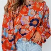 Hot Dear-Lover Floral Print Ruffle Puff Sleeve Blouse Fiery Red