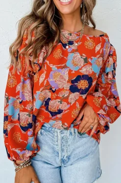 Hot Dear-Lover Floral Print Ruffle Puff Sleeve Blouse Fiery Red