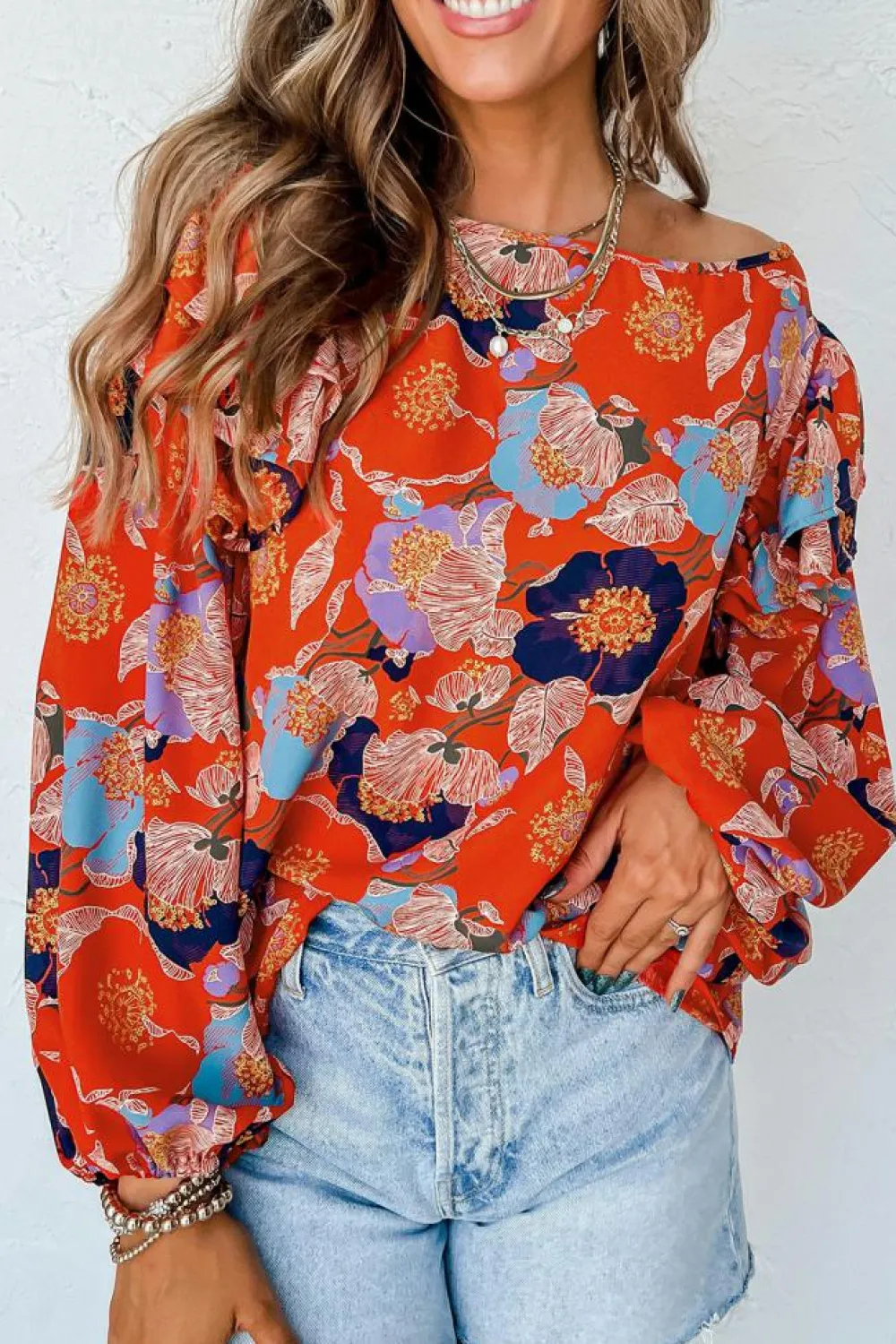 Hot Dear-Lover Floral Print Ruffle Puff Sleeve Blouse Fiery Red
