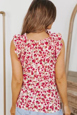 Best Dear-Lover Floral Print Ruffled Mock Neck Sleeveless Top Fiery Red