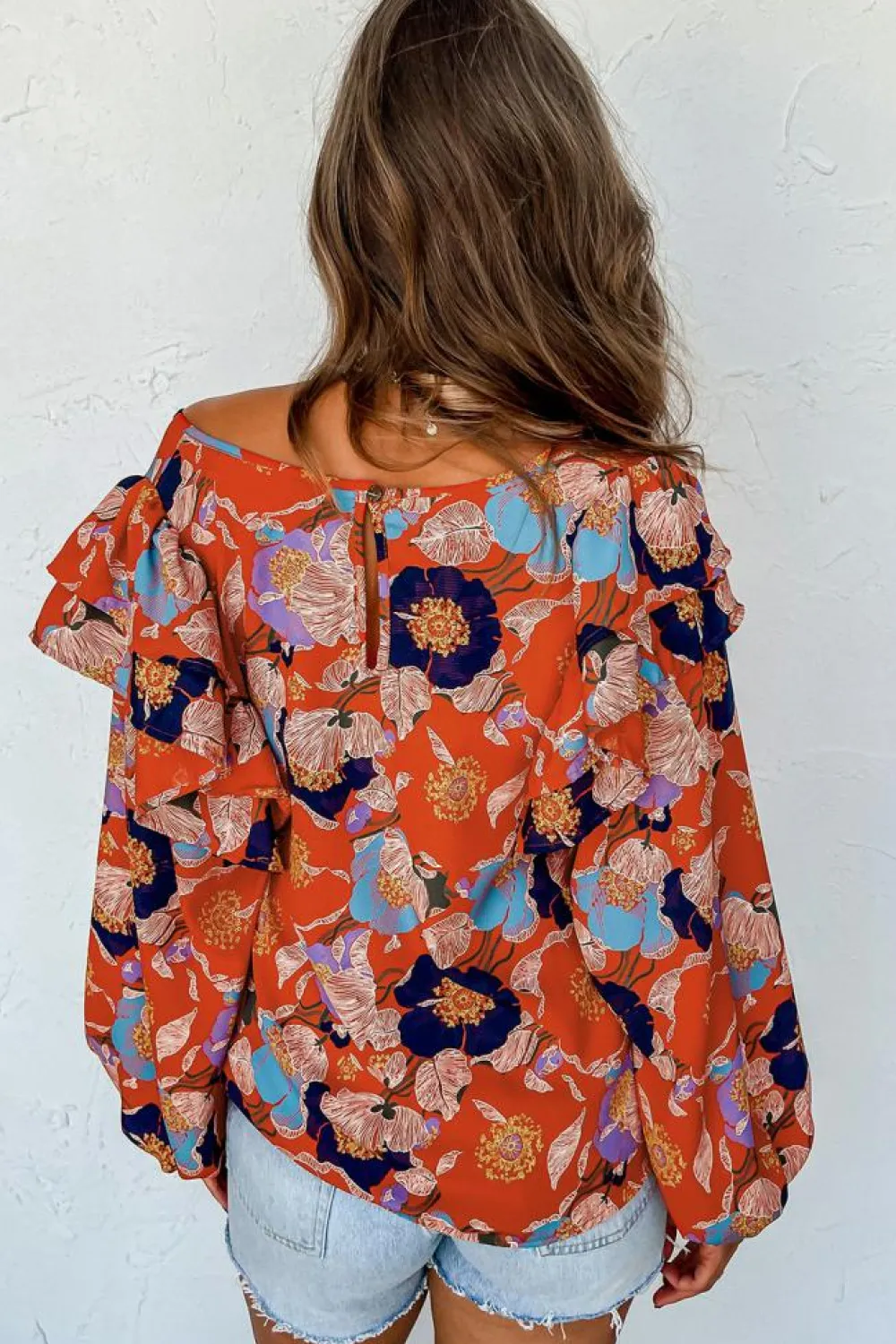 Hot Dear-Lover Floral Print Ruffle Puff Sleeve Blouse Fiery Red