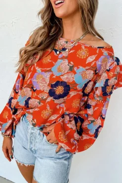 Hot Dear-Lover Floral Print Ruffle Puff Sleeve Blouse Fiery Red