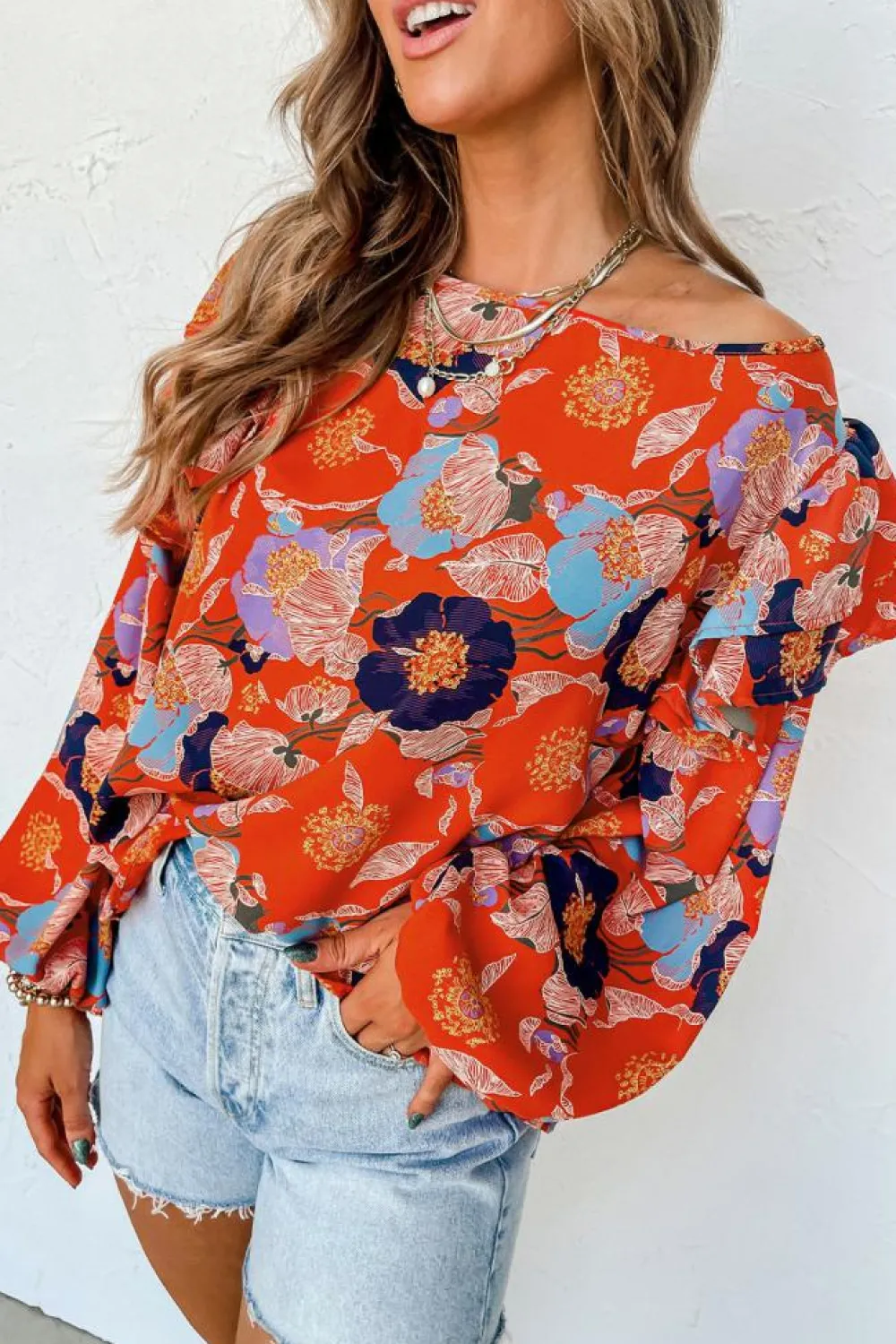 Hot Dear-Lover Floral Print Ruffle Puff Sleeve Blouse Fiery Red