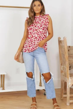 Best Dear-Lover Floral Print Ruffled Mock Neck Sleeveless Top Fiery Red