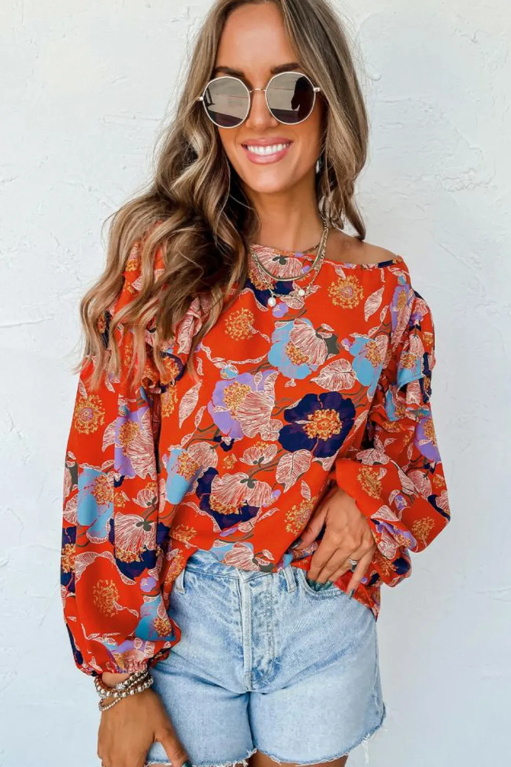 Hot Dear-Lover Floral Print Ruffle Puff Sleeve Blouse Fiery Red