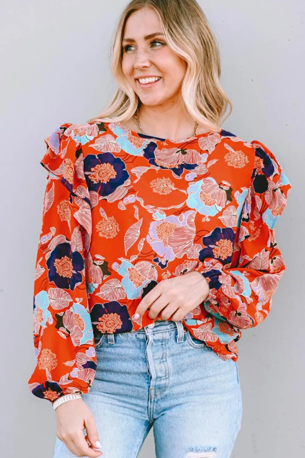 Hot Dear-Lover Floral Print Ruffle Puff Sleeve Blouse Fiery Red
