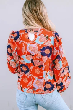 Hot Dear-Lover Floral Print Ruffle Puff Sleeve Blouse Fiery Red