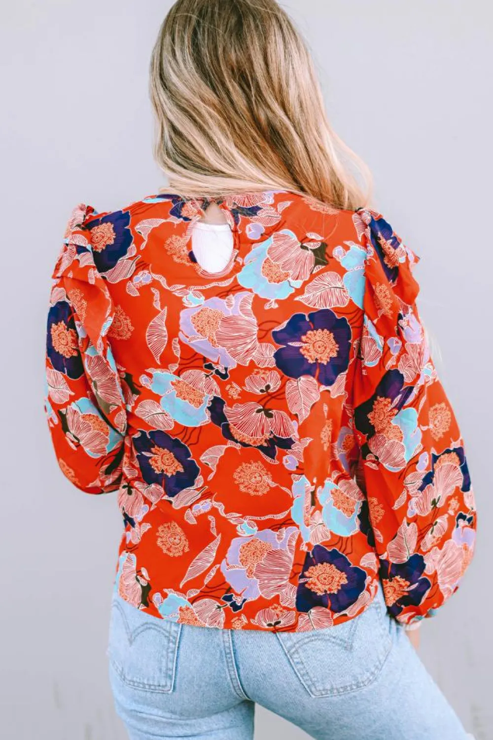 Hot Dear-Lover Floral Print Ruffle Puff Sleeve Blouse Fiery Red