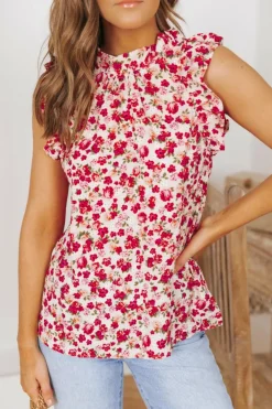 Best Dear-Lover Floral Print Ruffled Mock Neck Sleeveless Top Fiery Red