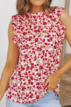 Best Dear-Lover Floral Print Ruffled Mock Neck Sleeveless Top Fiery Red
