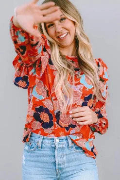 Hot Dear-Lover Floral Print Ruffle Puff Sleeve Blouse Fiery Red