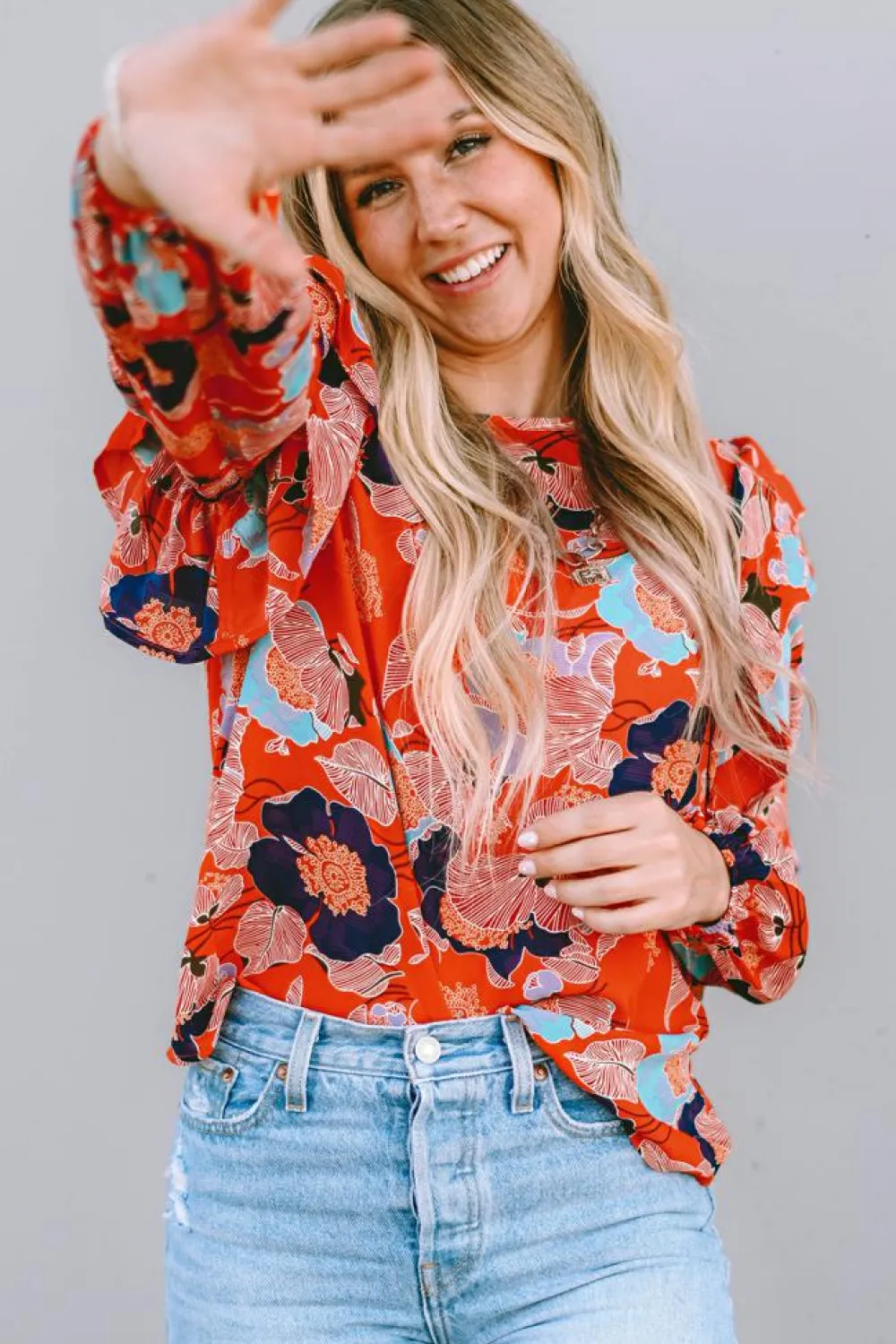 Hot Dear-Lover Floral Print Ruffle Puff Sleeve Blouse Fiery Red