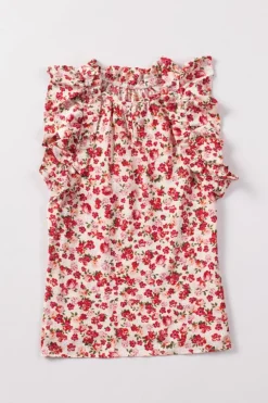 Best Dear-Lover Floral Print Ruffled Mock Neck Sleeveless Top Fiery Red