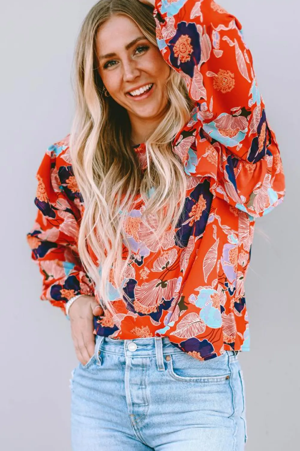 Hot Dear-Lover Floral Print Ruffle Puff Sleeve Blouse Fiery Red